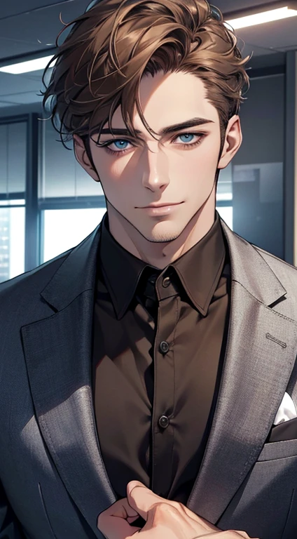 (best quality,4k,8k,highres,masterpiece:1.2),ultra-detailed,(realistic,photorealistic,photo-realistic:1.37),1 man,31 years old,mature man,very handsome,without expression,smile,short grey brown hair,blue eyes,penetrating gaze,perfect face without errors,imposing posture,businessman,office background,cinematic lighting,hdr image