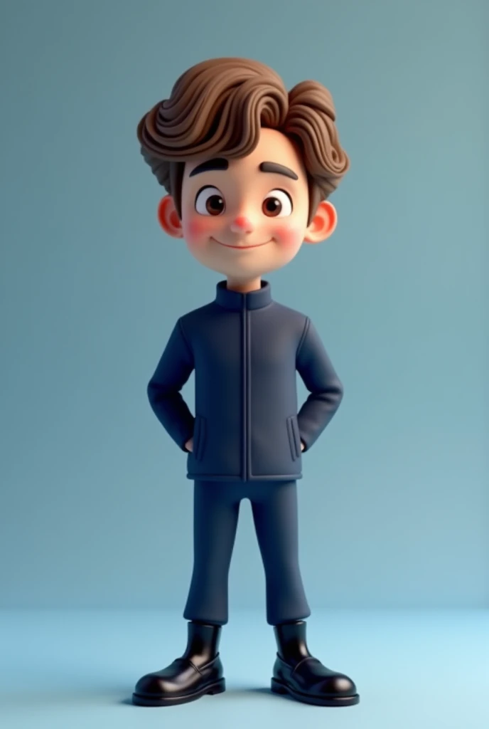 Create a 3D mascot with an adult face without a beard, male, light brown, thin with a thin face and a thin chin, with brown eyes, in a dark blue uniform with dark blue pants, without a logo, without details, with black boots. , and also with curly hair , 小柄 ,goosebumps and bald with a thin nose ,but a little higher