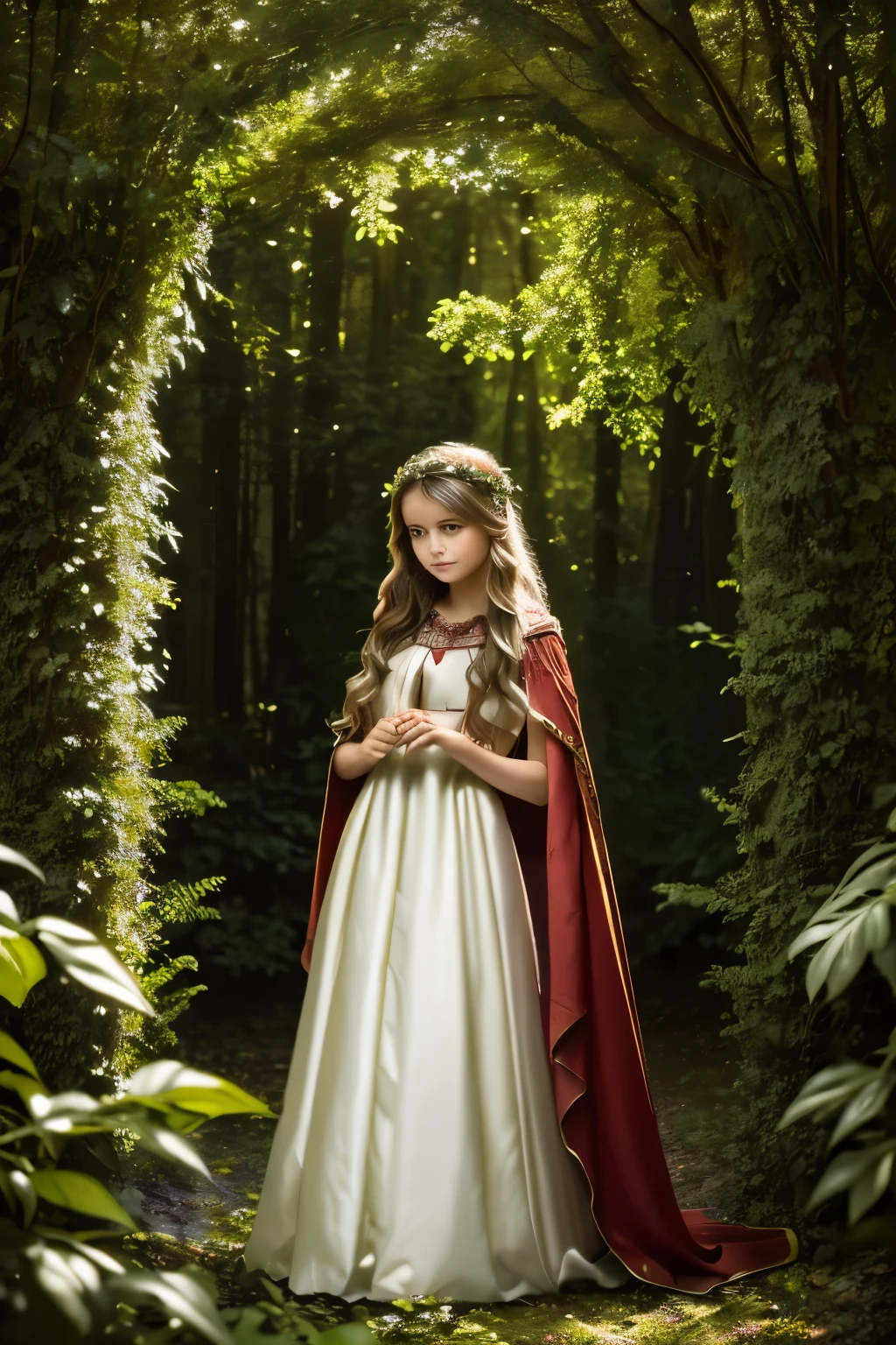 best quality,ultra-detailed,photorealistic,beautiful girl in a garden,traditional oil painting,red cape flowing in the wind,deep green grass and tall trees,sunlight filtering through the leaves,enchanted forest,detailed eyes and face,innocent expression,long wavy hair,basket filled with fruits and flowers,gentle smile,warm color palette,soft lighting, and big bad wolf hiding behind trees,mysterious atmosphere,storybook illustration,lush foliage,ethereal beauty,soft textures,dramatic shadows,fairy tale,adventure and danger,classic literature,magical encounter, exploring the unknown,curiosity,prominent eyes,portraits,mythical creature,suspenseful moment,exciting journey,innocence and bravery,contrast between light and dark,hidden dangers,whispering wind and rustling leaves,adding a touch of surrealism, path leading deeper into the forest,quiet and tranquil setting,enchanted garden,contrast between the girl's red cloak and the green surroundings,contrast between the girl's soft features and the wolf's fierce expression,captivating and compelling imagery.