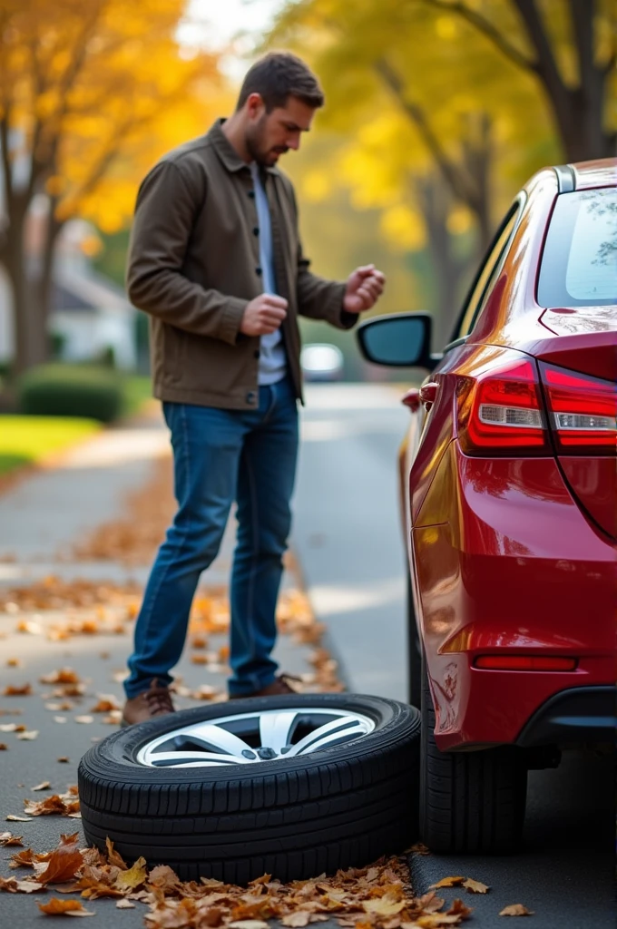 A person is angry because their car tire got a flat, with the car visible in the background, as well as the person and the flat tire.