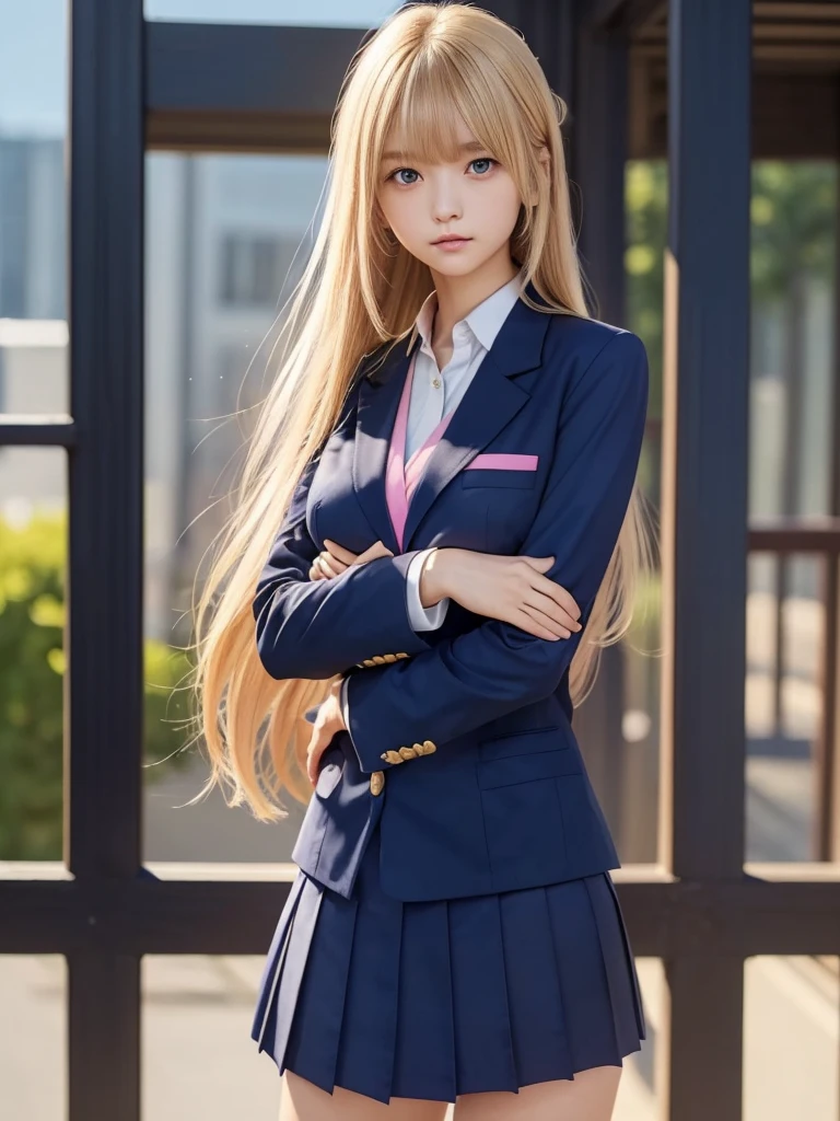 8k, highest quality, Stand on deck、The real picture, Intricate details, Very detailed, Ultra-high resolution,(Realistic,Realistic:1.2) , (Full Body Shot) , From the middle , 1 girl, eye_Chan, Very beautiful 17 year old girl, innocent big eyes,、Beautiful breasts:1.5、Highly detailed eye:1.2)、(Beautiful breasts:1.1)、((blonde Hair))、(long hair), Asymmetrical bangs, Perfect Skin, Fair skin, Small breasts, Tight waist, alone,, (Embarrassed), ((Fold your arms in front of your chest and act arrogantly), ((Perfect hand shape)), (Wears a navy blue school blazer uniform:1.3), (Long Bob Hair:1.3),, (The wind is blowing、A navy blue and pink checked miniskirt flips up)、