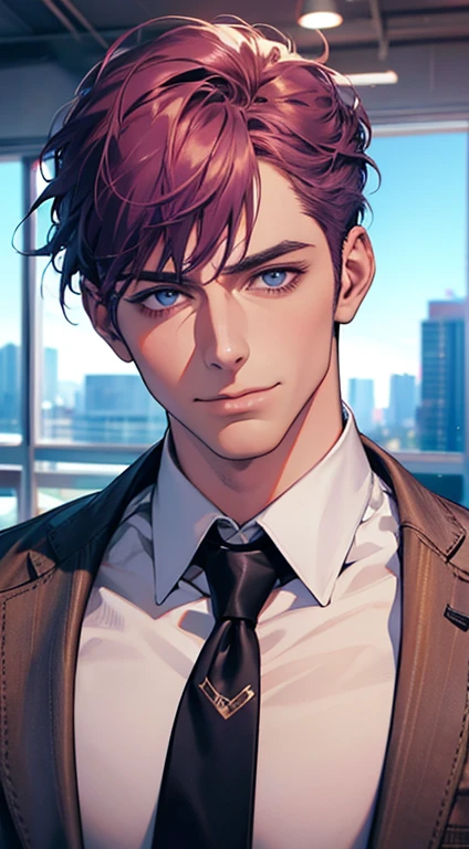 (best quality,4k,8k,highres,masterpiece:1.2),ultra-detailed,(realistic,photorealistic,photo-realistic:1.37),1 man,31 years old,mature man,very handsome,without expression,smile,short purple hair,blue eyes,penetrating gaze,perfect face without errors,imposing posture,businessman,office background,cinematic lighting,hdr image