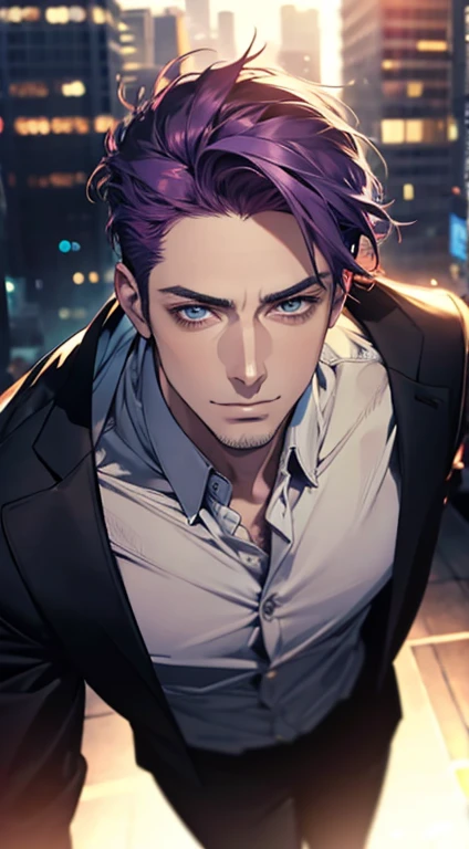 (best quality,4k,8k,highres,masterpiece:1.2),ultra-detailed,(realistic,photorealistic,photo-realistic:1.37),1 man,31 years old,mature man,very handsome,without expression,smile,short purple hair,blue eyes,penetrating gaze,perfect face without errors,imposing posture,businessman,office background,cinematic lighting,hdr image