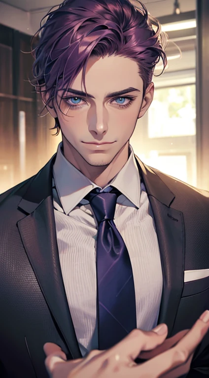 (best quality,4k,8k,highres,masterpiece:1.2),ultra-detailed,(realistic,photorealistic,photo-realistic:1.37),1 man,31 years old,mature man,very handsome,without expression,smile,short purple hair,blue eyes,penetrating gaze,perfect face without errors,imposing posture,businessman,office background,cinematic lighting,hdr image
