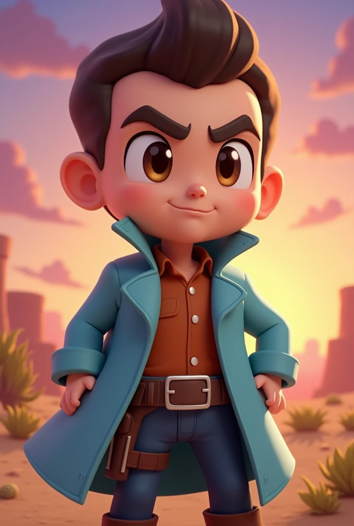 Old west style Sam from Brawl Stars with a light blue overcoat and a scar on his eyebrow