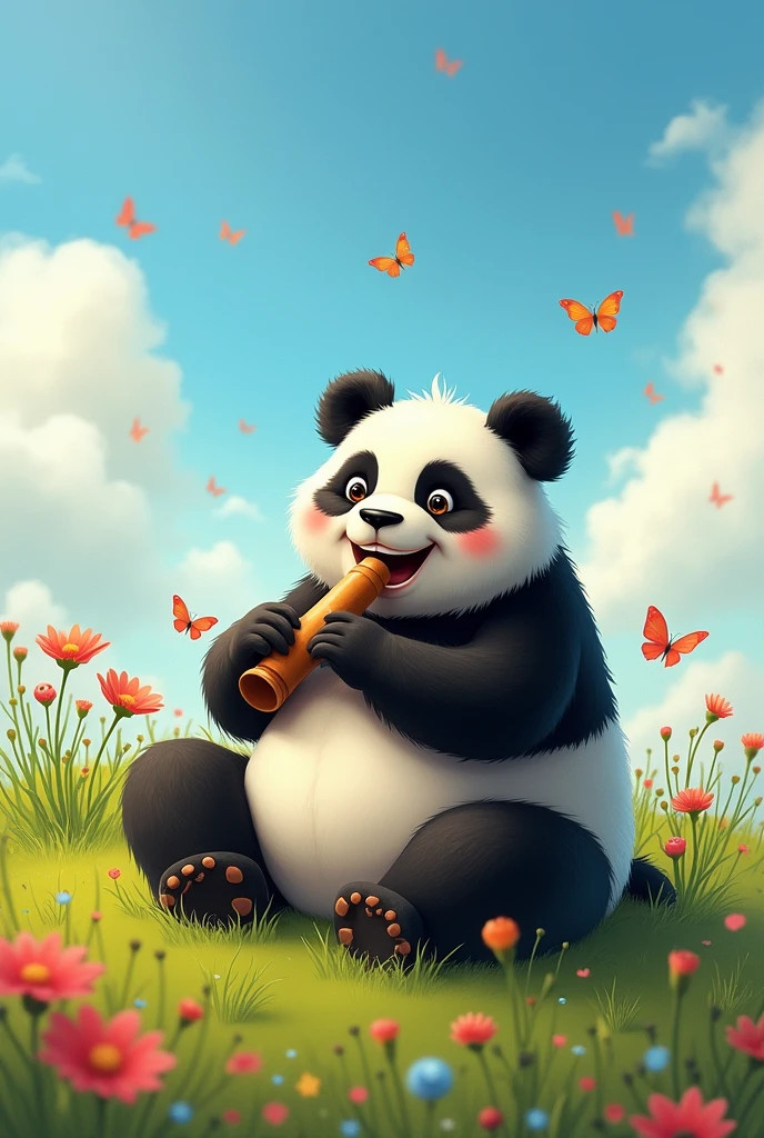 A chubby jovial man with very distinct panda-like features playing a recorder. More human than panda.