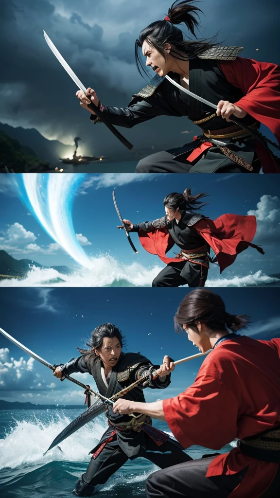 Miyamoto Musashi and Sa々Kojiro Ki is dueling on Ganryu Island。Immersive and fierce battles。The thunder roars、Both are fighting with swords drawn.。Deadly Combat。fear。scared。Slashing。