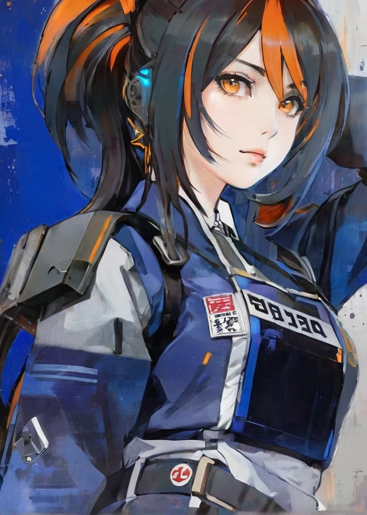 {Anime character with medium-length dark hair, accented with bright orange streaks, tied back in a ponytail:0.9}, {She has sharp, determined eyes with a vibrant, glowing orange-yellow color, and an intense, focused expression on her face:0.8}, [She’s wearing futuristic police armor, marked with the logo “N.E.P.S. New Erid Public Security” and “PUBSEC,” blending modern military and sci-fi aesthetics. The armor is primarily blue with metallic accents, featuring protective shoulder pads and high-tech equipment on her belt:0.7], {The background is a mix of abstract and industrial elements, emphasizing a deep blue color palette with hints of mechanical and technological details:0.8}, {The overall art style is a fusion of dynamic brushwork and digital painting, capturing a gritty yet polished look, conveying a strong sense of authority and determination:0.9}.