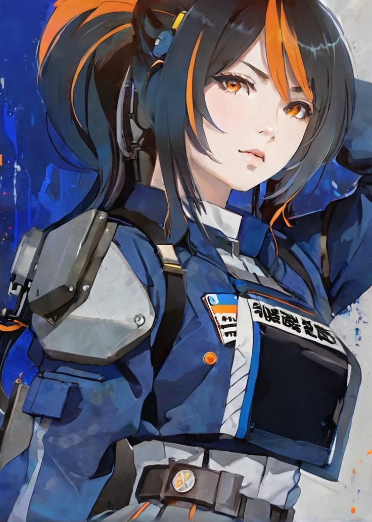 {Anime character with medium-length dark hair, accented with bright orange streaks, tied back in a ponytail:0.9}, {She has sharp, determined eyes with a vibrant, glowing orange-yellow color, and an intense, focused expression on her face:0.8}, [She’s wearing futuristic police armor, marked with the logo “N.E.P.S. New Erid Public Security” and “PUBSEC,” blending modern military and sci-fi aesthetics. The armor is primarily blue with metallic accents, featuring protective shoulder pads and high-tech equipment on her belt:0.7], {The background is a mix of abstract and industrial elements, emphasizing a deep blue color palette with hints of mechanical and technological details:0.8}, {The overall art style is a fusion of dynamic brushwork and digital painting, capturing a gritty yet polished look, conveying a strong sense of authority and determination:0.9}.