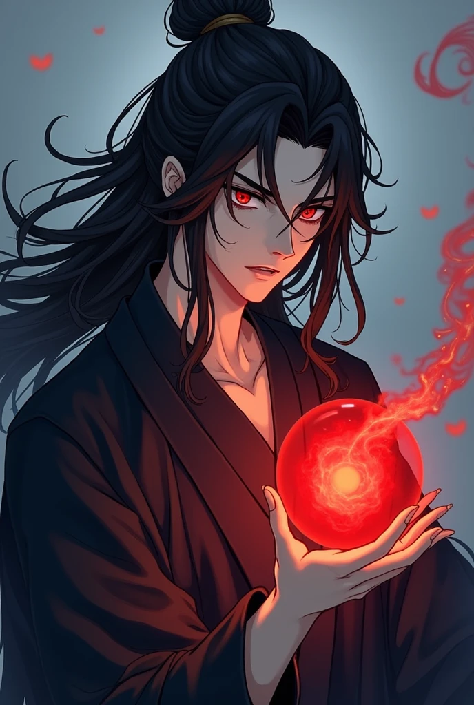 black haired, cold looking man, black eyes, long hair, majestic features, wearing a kimono, holding a glowing red ball of energy in his hand, novel cover.