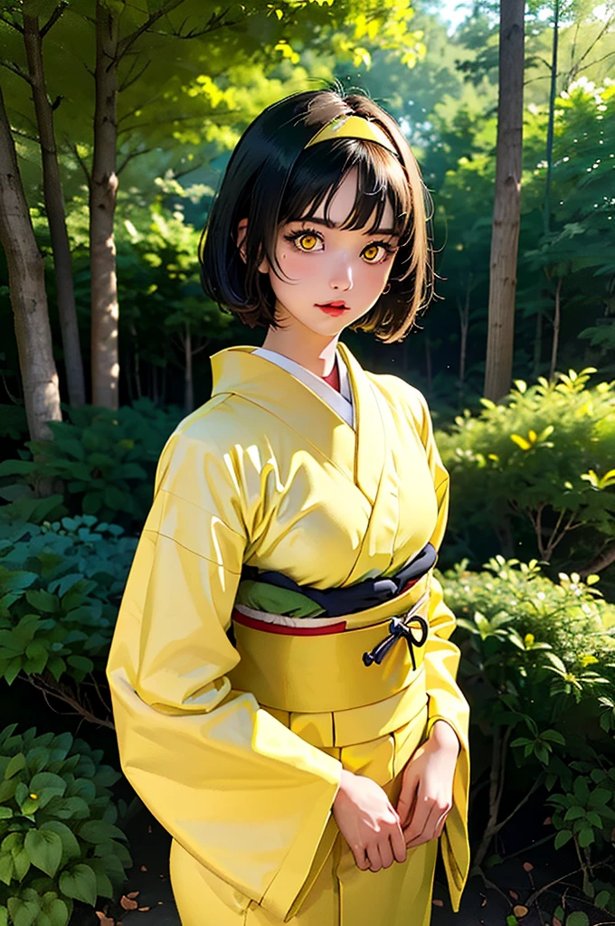 superflat, flat colors, 1girl, 19yo, slim, (medium breast), short bob dark hair, (ornate green leaves kimono), topless, nipple, standing, shy, autumn leaves, yellow, golden, autumn forest, vibrant colors, psychedelic, vibrant, bright, watercolor