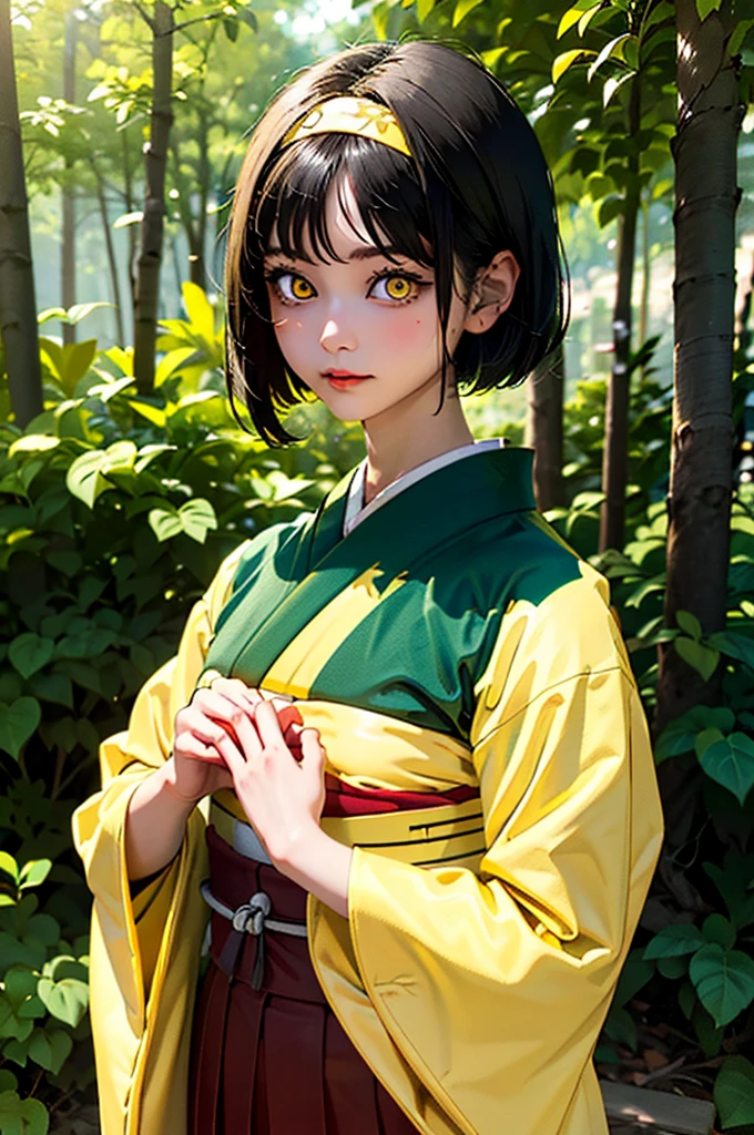 (masterpiece, best quality), 1girl, pokemonerika, (yellow eyes:1.5), black hair, headband, short hair, japanese clothes, kimono, hakama, green hakama, long sleeves, wide sleeves, forest background, day, sunlight,