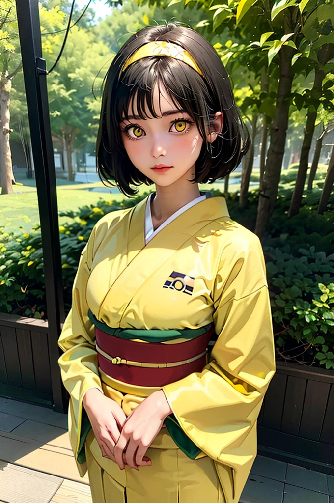 (masterpiece, best quality), 1girl, pokemonerika, (yellow eyes:1.5), black hair, headband, short hair, japanese clothes, kimono, hakama, green hakama, long sleeves, wide sleeves, forest background, day, sunlight,