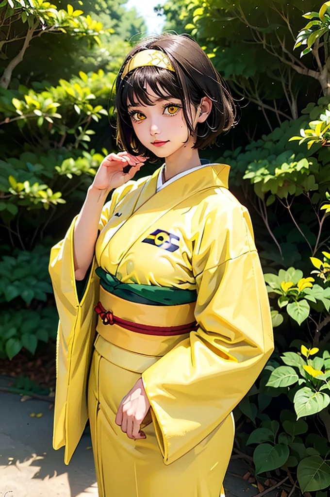 (masterpiece, best quality), 1girl, pokemonerika, (yellow eyes:1.5), black hair, headband, short hair, japanese clothes, kimono, hakama, green hakama, long sleeves, wide sleeves, forest background, day, sunlight,