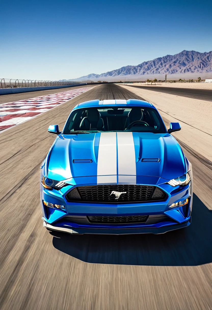 a 2024 Ford Mustang California special, parking on a racetrack, clear blue sky, dramatic deep shadows, dry desert air, exciting and dynamic mood, professional studio lighting, high-end professional camera, highly detailed, photorealistic, 8k, best quality, masterpiece
