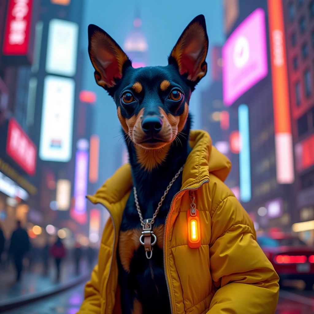 Portrait of a small pinscher dog looking forward wearing an open yellow jacket by David Martinez from Cyberpunk 2077 with a cyberpunk theme.