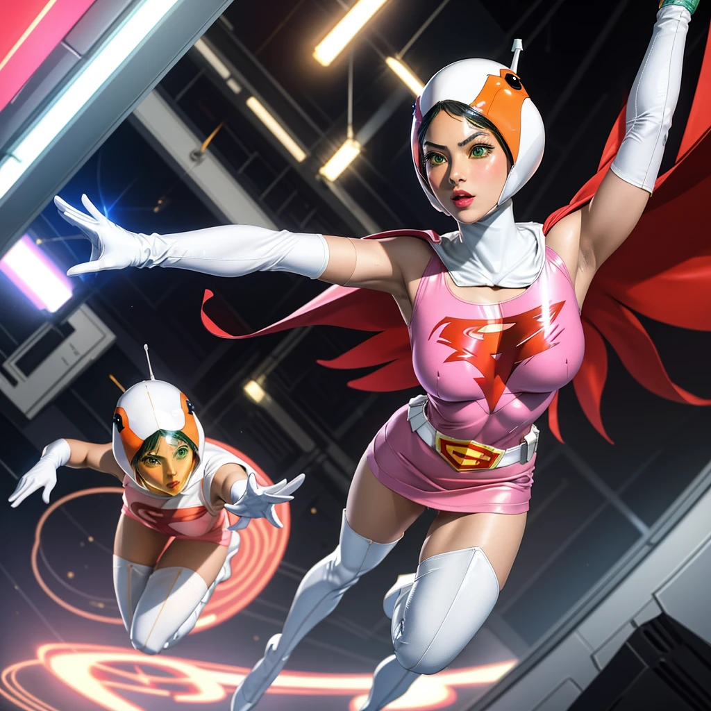 ANI_CLASSIC_jun_gatchaman_ownwaifu,1girl, ,good anatomy, masterpiece, best quality,realistic, hyperrealistic, 16k hdr,breasts,green eyes,lips,large breasts,lipstick,makeup,gloves,cape,helmet,belt,elbow gloves,white gloves,mask,ultra miniskirt,leotard,spacesuit,white tight overknee highheels boots,pink dress,superhero,bodysuit,cleavage,erected nipples,((jumping poses)),cameltoe