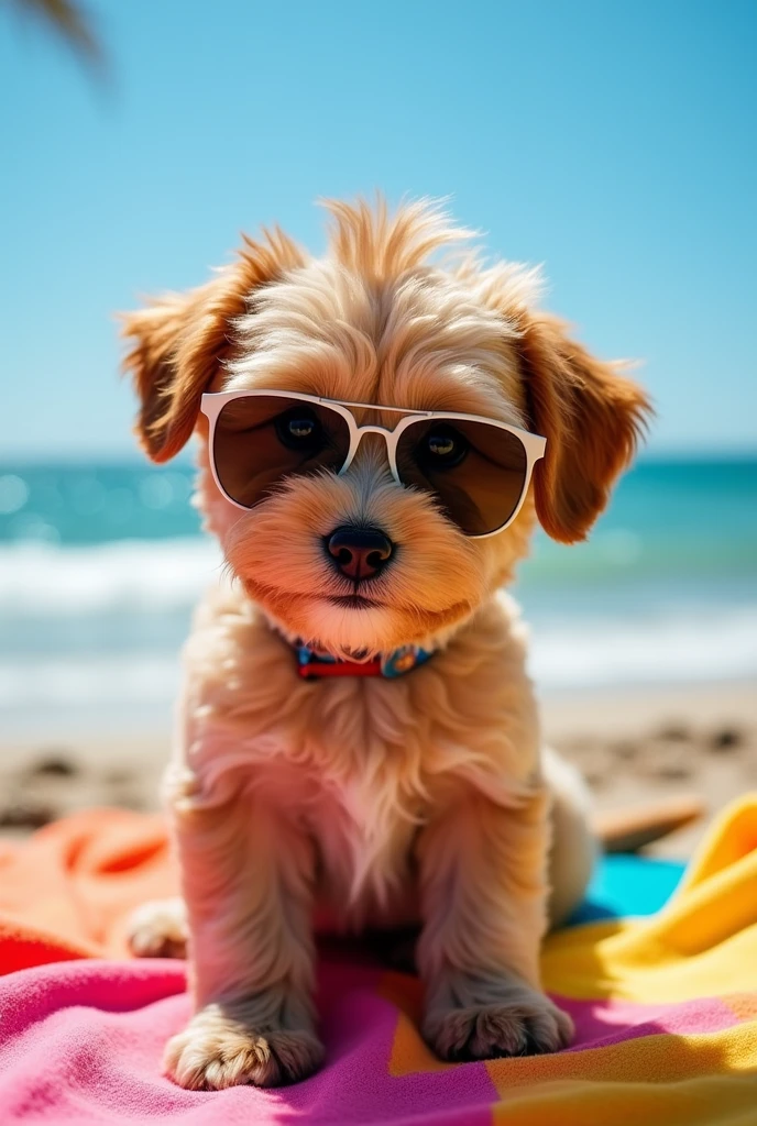 Caramel puppy wearing sunglasses with Elvis' hairstyle.
