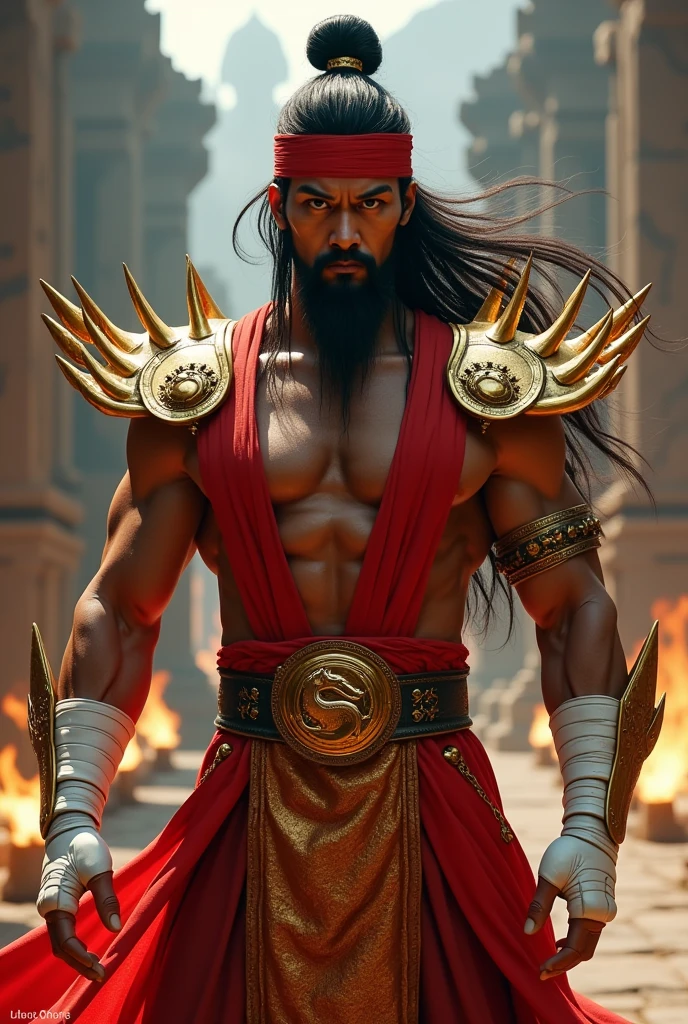Liu Kang mortal kombat with long hair and a bun a red headband tied so bun, golden shoulder pads with numerous spikes without a shirt, white fingerless gloves beard, with a red top and skirt, without any neck accessories, golden belt with straps
