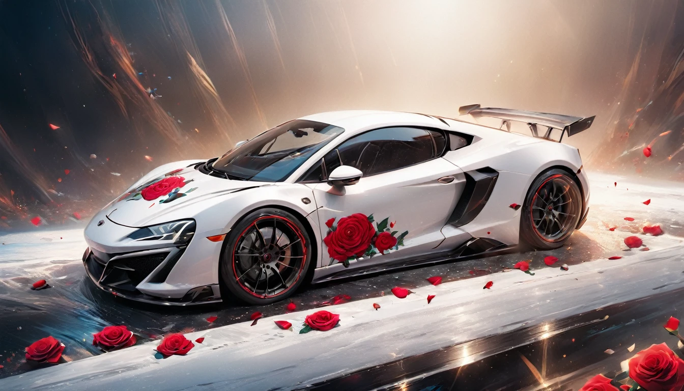 a picture of a (white sports car: 1.4) with (roses: 1.5) imprints on it, dynamic background, Ultra-high resolution, High Contrast, (masterpiece:1.5), highest quality, Best aesthetics), best details, best quality, highres, 16k, (ultra detailed: 1.5), masterpiece, best quality, (extremely detailed) RAW, (ultra details, Masterpiece, best quality),  oses