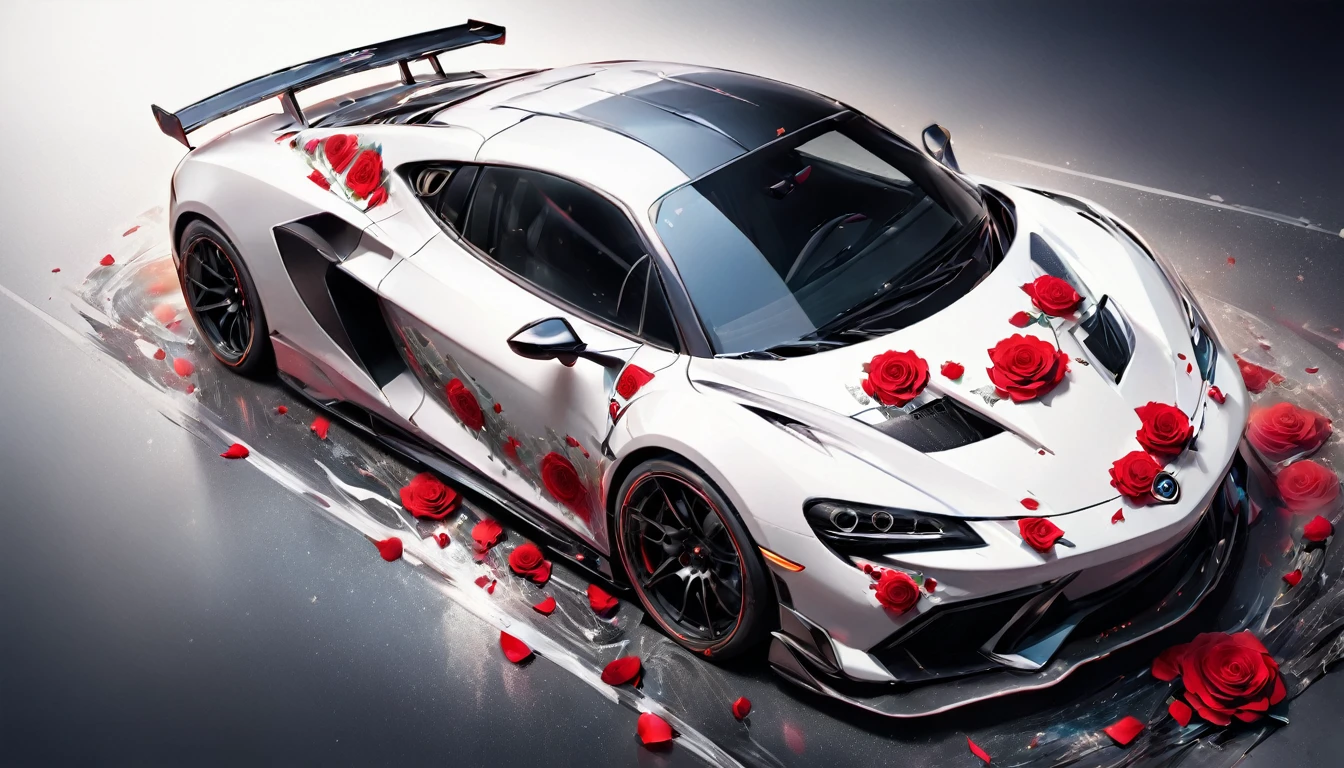 a picture of a (white sports car: 1.4) with (roses: 1.5) imprints on it, dynamic background, Ultra-high resolution, High Contrast, (masterpiece:1.5), highest quality, Best aesthetics), best details, best quality, highres, 16k, (ultra detailed: 1.5), masterpiece, best quality, (extremely detailed) RAW, (ultra details, Masterpiece, best quality),  oses