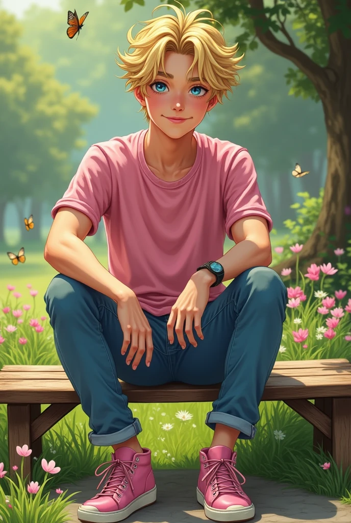 Hiro, young 19 year old sitting on a bench in a park wearing a pink shirt, jeans, pink shoe and blonde hair and blue eyes