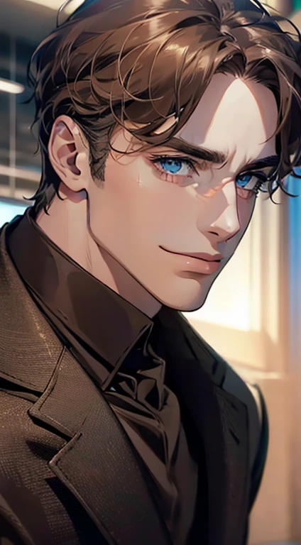 (best quality,4k,8k,highres,masterpiece:1.2),ultra-detailed,(realistic,photorealistic,photo-realistic:1.37),1 man,31 years old,mature man,very handsome,without expression,smile,short grey brown hair,blue eyes,penetrating gaze,perfect face without errors,imposing posture,businessman,office background,cinematic lighting,hdr image