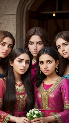 Group of young women Baal Shem Tov gathered focus on the face.