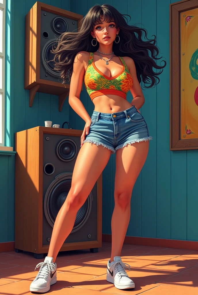 (Hinata Hyûga, très sensuel, dans une tenue de fille funk, brésilien, De Rio, danse funk, se tortillant, gros cul, jambes épaisses, porter un short en jean court, porter un mini chemisier, nombril percé, baskets nike, Beaucoup de cheveux, Haut-parleur derrière, très réaliste, extrêmement sexy, 8k, 8k extrêmement détaillé), (un chef-d'œuvre extrêmement délicat et magnifique), (Meilleure qualité: 1.0), (ultra haute résolution: 1.0)