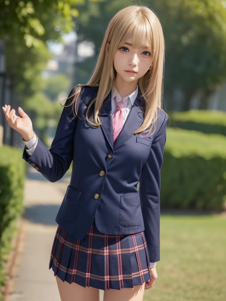 8k, highest quality, 船の上に立つ、The real picture, Intricate details, Very detailed, Ultra-high resolution,(Realistic,Realistic:1.2) , (Full Body Shot) , From the middle , 1 girl, eye_Chan, Very beautiful 17 year old girl, innocent big eyes,、Beautiful breasts:1.5、Highly detailed eye:1.2)、(Beautiful breasts:1.1)、((blonde Hair))、(long hair), Asymmetrical bangs, Perfect Skin, Fair skin, Small breasts, Tight waist, alone,, (Embarrassed), ((Fold your arms in front of your chest and act arrogantly）, ((Perfect hand shape)), (Wears a navy blue school blazer uniform:1.3), (Long Bob Hair:1.3),, (The wind is blowing、A navy blue and pink checked miniskirt flips up)、