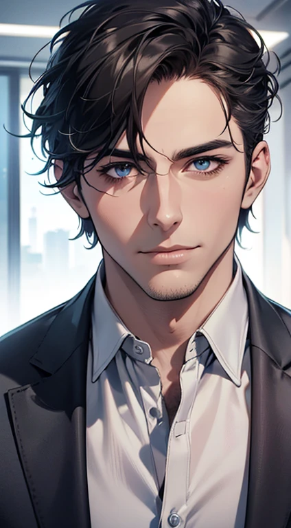 (best quality,4k,8k,highres,masterpiece:1.2),ultra-detailed,(realistic,photorealistic,photo-realistic:1.37),1 man,31 years old,mature man,very handsome,without expression,smile,short grey black hair,blue eyes,penetrating gaze,perfect face without errors,imposing posture,businessman,office background,cinematic lighting,hdr image
