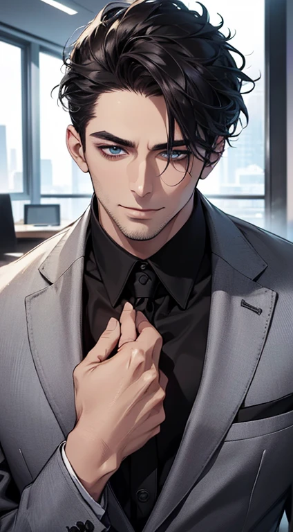 (best quality,4k,8k,highres,masterpiece:1.2),ultra-detailed,(realistic,photorealistic,photo-realistic:1.37),1 man,31 years old,mature man,very handsome,without expression,smile,short grey black hair,blue eyes,penetrating gaze,perfect face without errors,imposing posture,businessman,office background,cinematic lighting,hdr image