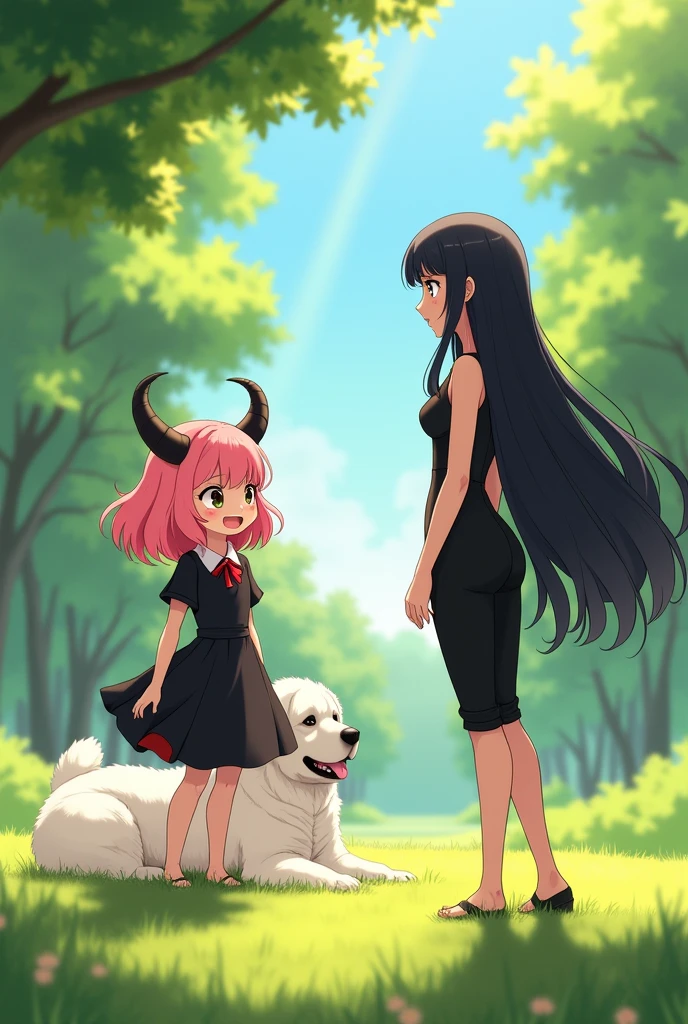 A small girl with pink bubblegum hair, two black horns, and a loose black dress. Anime version in a park with a white Newfoundland dog on one side and a woman with long black hair and a tight black dress on the other side.