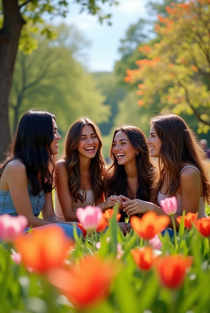 4 friends , 2 with black hair and 2 with brown hair