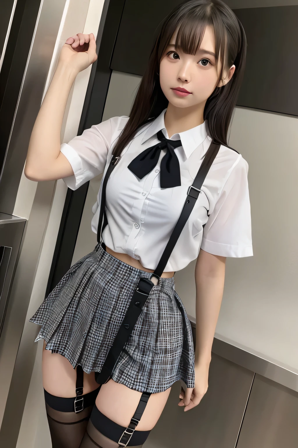 1 female, , high quality, masterpiece, Ultra-high resolution, Cinema Lighting, 1 female, , high quality, masterpiece, Ultra-high resolution, , Cinema Lighting, suspenders　　　Moderate breasts　 　 　　　　　 　　　　Small face　 　　　　　　　　　　　Looking up　　　　Sweat 　　　Thin belt　buzzer　脇Sweat 　　　　 　garter belt　　Belt on pants　　holster　 　　Hands behind your back　 　Looking up　Anxious face　Knee-high　Knee socks　Knee-highソックス 　garter　ふとももにgarter belt　Checkered mini skirt　 　　Panty shot　Skirt gap Armament　　　holster　holster 　　Hands behind your back　 Anxious expression　　Anxious face, legs apart　Armament　　Leg Holster　holster　See-through clothing　heavy rain　Rain-soaked dress shirt,Moderate breasts　ガーターbelt　suspenders　Garter on the thigh　Checkered mini skirt　Looking up　Pause　belt　Armpit sweat　Hands behind back　Raise your hands