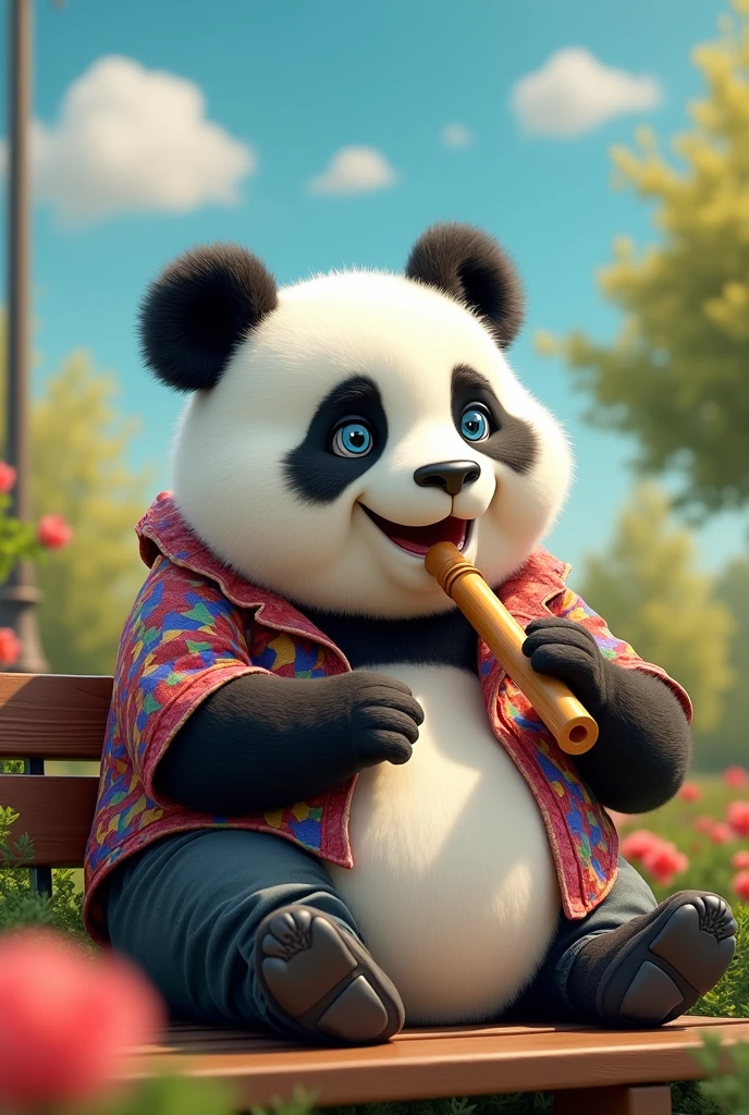 A chubby jovial white man with very distinct panda-like features playing a recorder. More human than panda-like.
