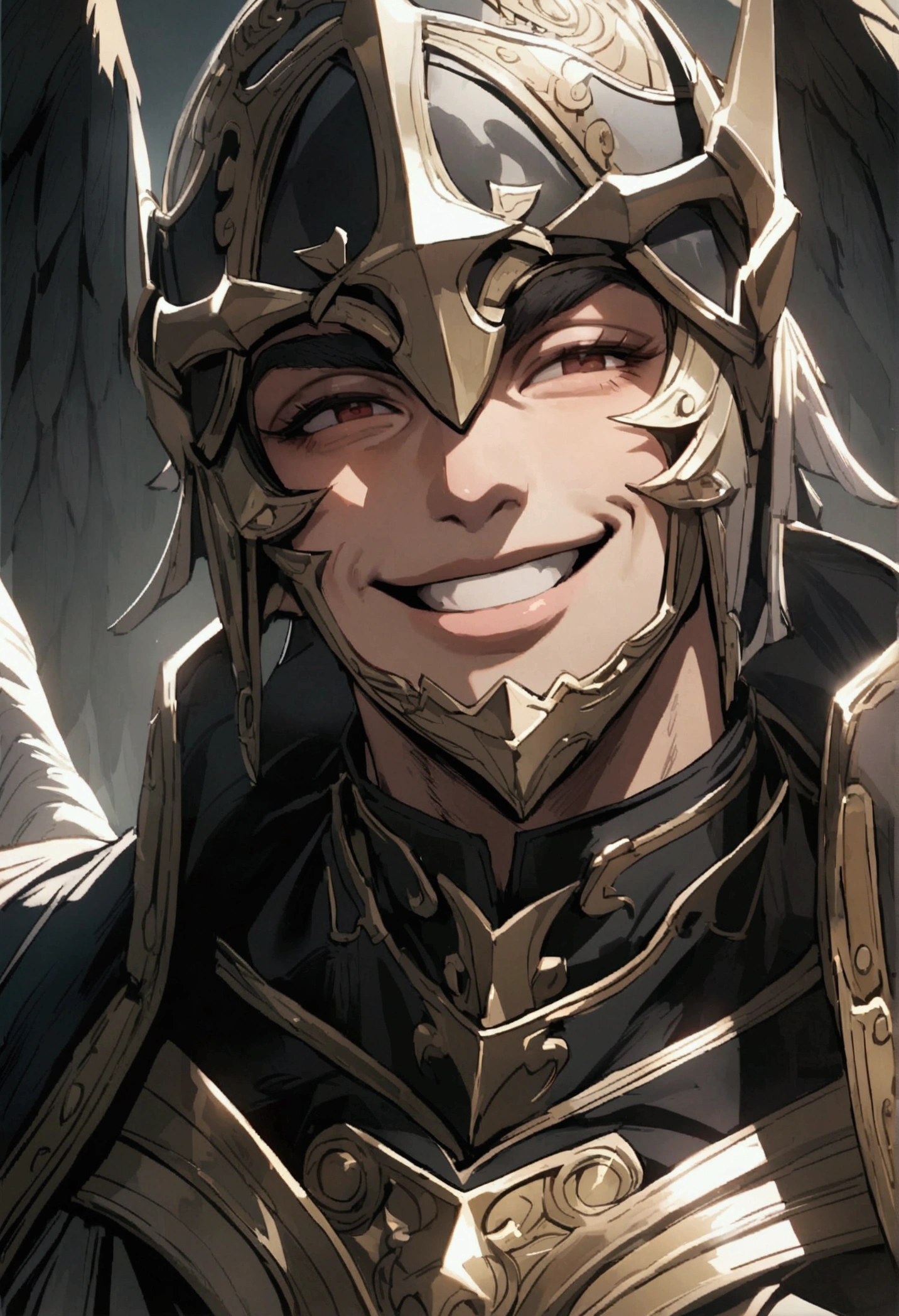 An angel man in armor and black wings smiling