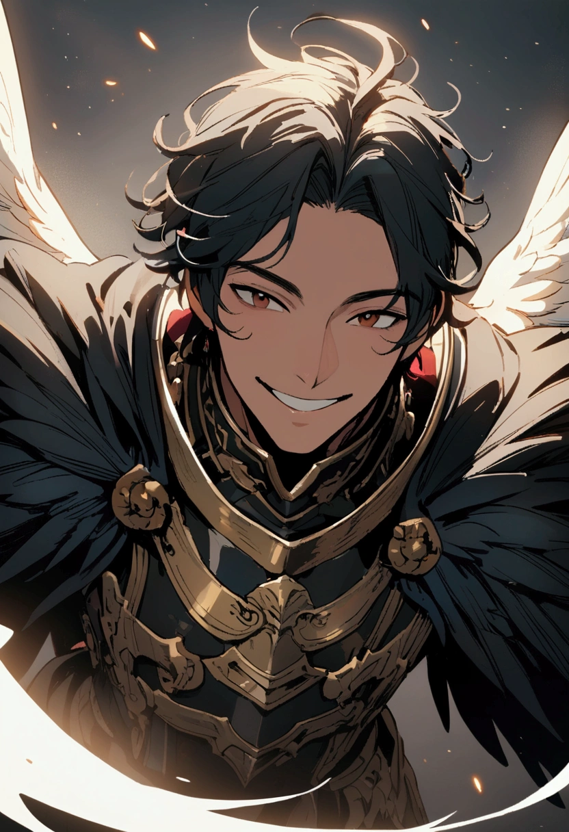 An angel man in armor and black wings smiling