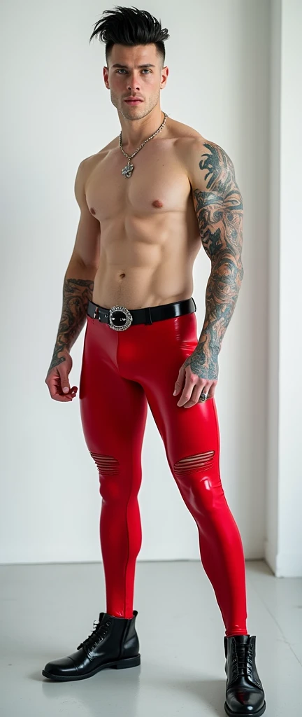 Fullbody standing picture of white skin Handsome muscular nude horny sexy gay man wearing skinny tight shiny red latex ripped tights, shiny black Disconnected Pompadour oiled hair style, blue eyes, shiny varnished black shoes, black belt, red lip, chain, tattoos, horny, cum shot, sperm, milking penis, very big penis, very big testicle, shiny oiled skin, orgasm, oversexed, masturbation, standing at white lighting show room.