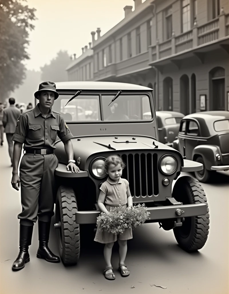 Photograph of a jeep from the 1950s, a soldier and a flower vendor girl,