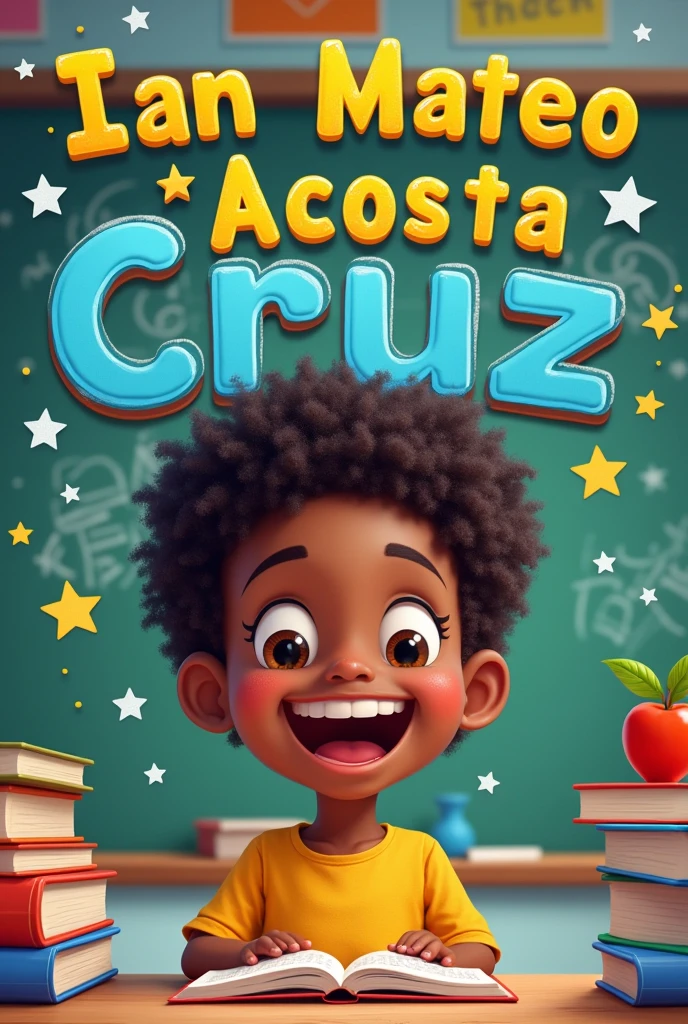 A school cover with the following text and a dark-skinned child with short curly hair: Ian Mateo Acosta Cruz 1• A