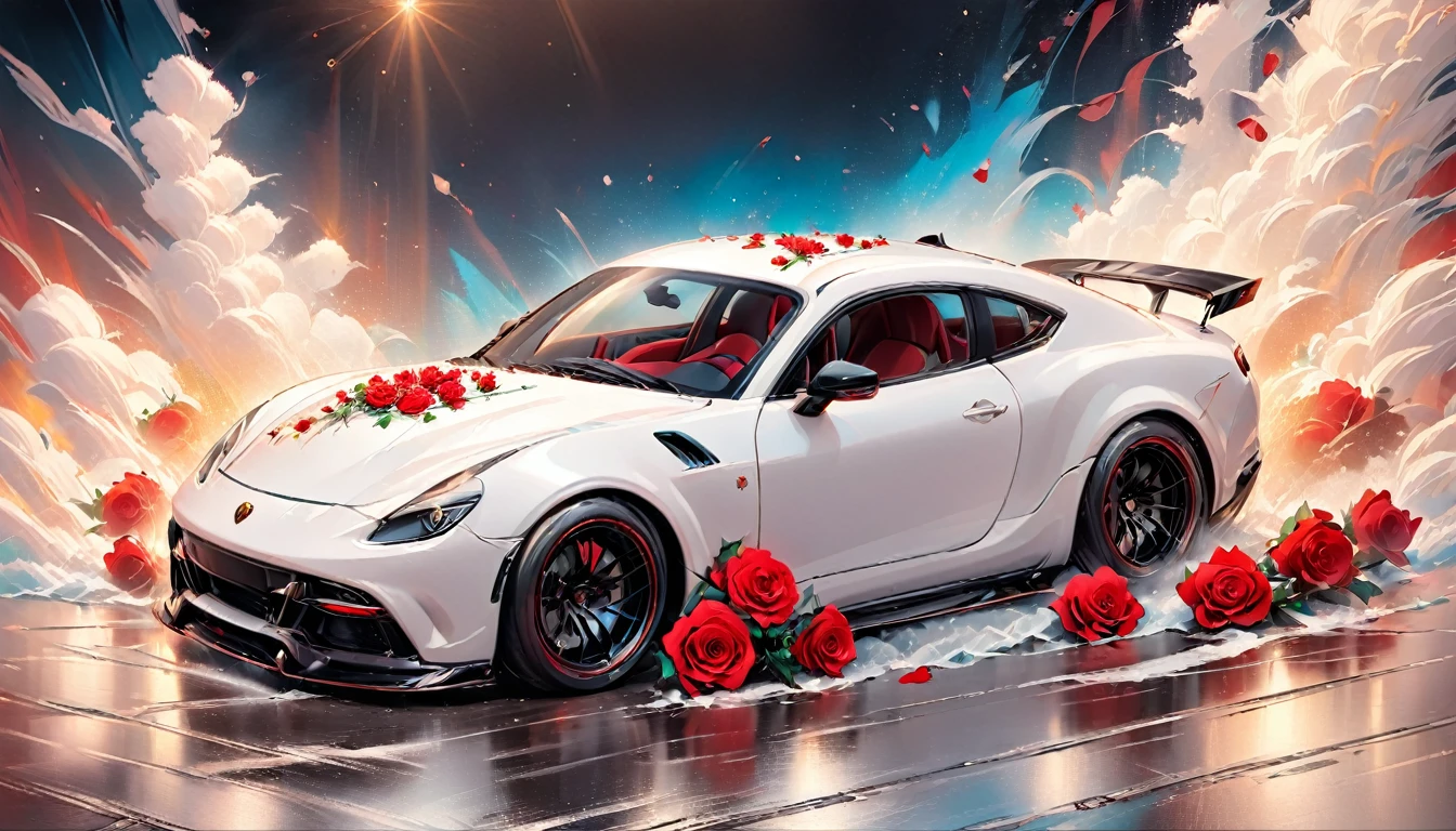 a picture of a (white sports car: 1.4) with (roses: 1.5) imprints on it, dynamic background, Ultra-high resolution, High Contrast, (masterpiece:1.5), highest quality, Best aesthetics), best details, best quality, highres, 16k, (ultra detailed: 1.5), masterpiece, best quality, (extremely detailed) RAW, (ultra details, Masterpiece, best quality),  Cinematic Hollywood Film, NRART, roses, LU