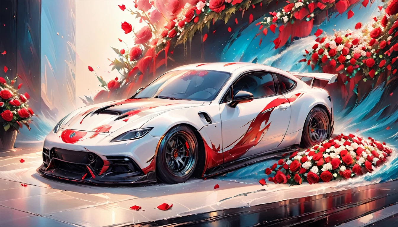 a picture of a (white sports car: 1.4) with (roses: 1.5) imprints on it, dynamic background, Ultra-high resolution, High Contrast, (masterpiece:1.5), highest quality, Best aesthetics), best details, best quality, highres, 16k, (ultra detailed: 1.5), masterpiece, best quality, (extremely detailed) RAW, (ultra details, Masterpiece, best quality),  Cinematic Hollywood Film, NRART, roses, LU