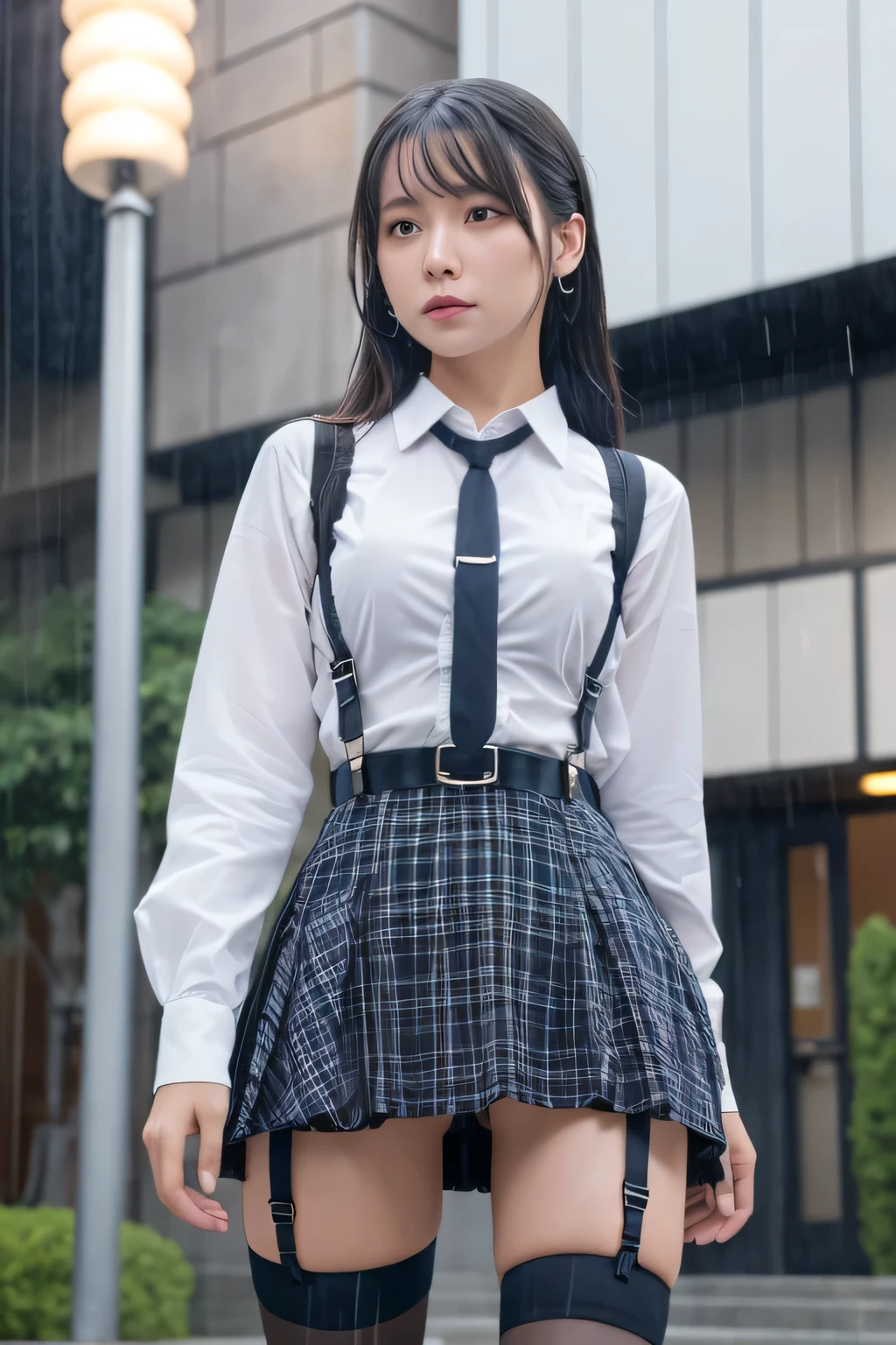 1 female, , high quality, masterpiece, Ultra-high resolution, Cinema Lighting, 1 female, , high quality, masterpiece, Ultra-high resolution, , Cinema Lighting, suspenders　　　Moderate breasts　 　 　　　　　 　　　　Small face　 　　　　　　　　　　　Looking up　　　　Sweat 　　　Thin belt　buzzer　脇Sweat 　　　　 　garter belt　　Belt on pants　　holster　 　　Hands behind your back　 　Looking up　Anxious face　Knee-high　Knee socks　Knee-highソックス 　garter　ふとももにgarter belt　Checkered mini skirt　 　　Panty shot　Skirt gap Armament　　　holster　holster 　　Hands behind your back　 Anxious expression　　Anxious face, legs apart　Armament　　Leg Holster　holster　See-through clothing　heavy rain　Rain-soaked dress shirt,Moderate breasts　ガーターbelt　suspenders　Garter on the thigh　Checkered mini skirt　Looking up　Pause　belt　Armpit sweat　Hands behind back　Raise your hands