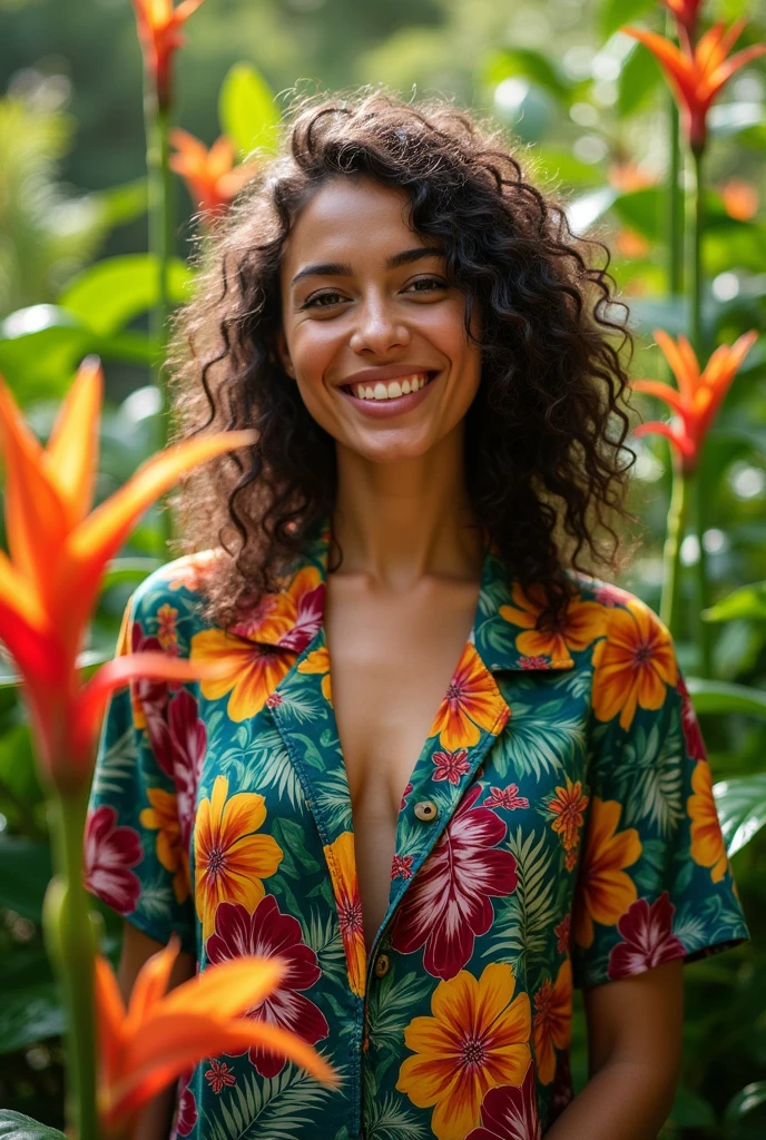A Brazilian woman in a lush tropical garden, wearing an open shirt with a floral print, with a close-up capturing the harmonious beauty between her and the natural flowers, showing off your natural charm and outgoing personality.