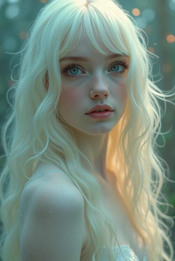 beautiful girl. white and flawless skin. White hair, long and semi-wavy. bicolor eyes, one gray and one green. surreal art
