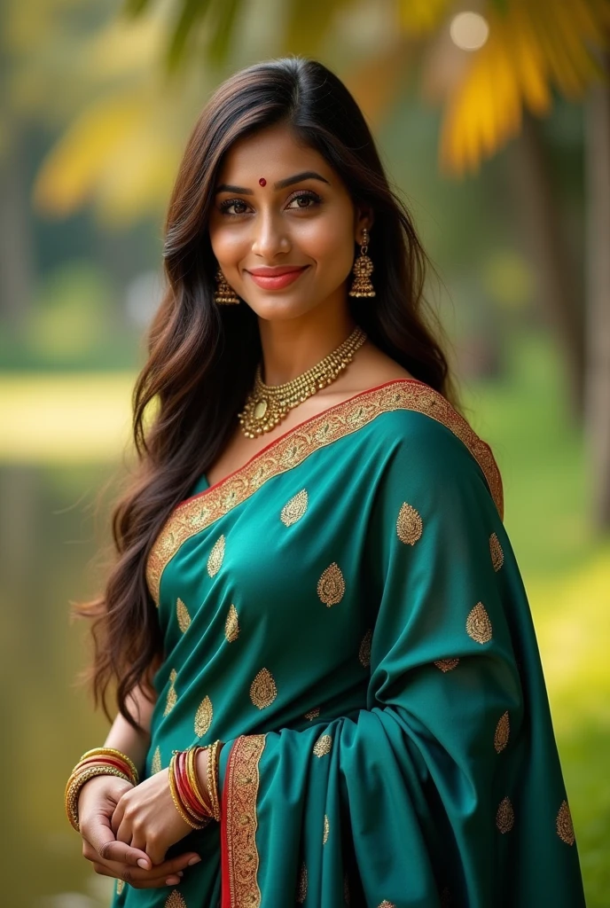 A beautiful Kerala woman with a lovely and charming appearance, exuding glamour and elegance. She is wearing a luxurious peacock-colored saree with intricate designs. Her saree drapes gracefully, highlighting her traditional yet alluring style. She has long, dark, flowing hair and wears traditional Kerala jewelry, including gold bangles, earrings, and a bindi on her forehead. The background is softly lit, accentuating her radiant complexion and the rich colors of her attire."