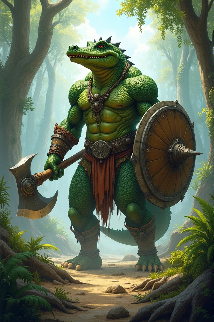 A humanoid crocodile Barbarian with a war axe, flail, light shield and gauntlets