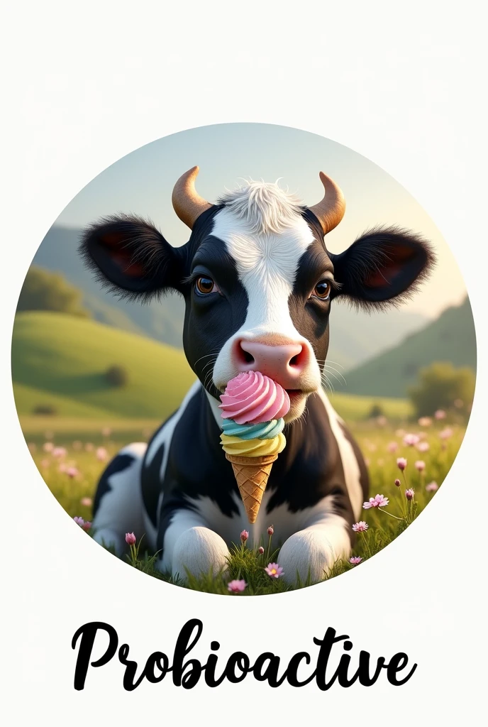 Beautiful, soft black and white cow with long eyelashes sitting with an ice cream cone.
The image should be round..
Below it should say Probioactive in italics