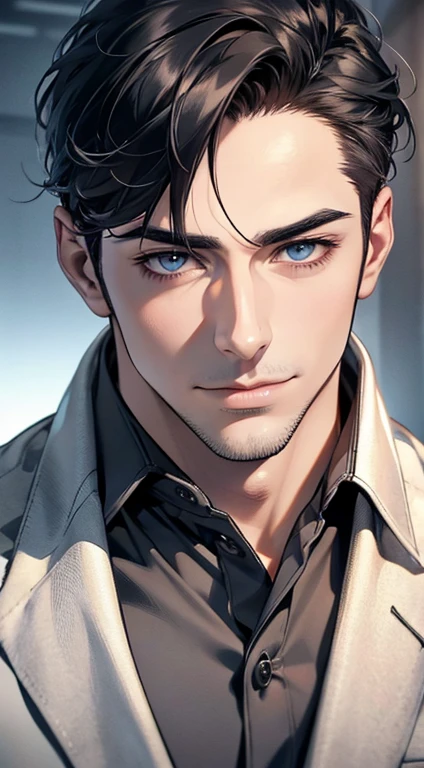 (best quality,4k,8k,highres,masterpiece:1.2),ultra-detailed,(realistic,photorealistic,photo-realistic:1.37),1 man,31 years old,mature man,very handsome,without expression,smile,short grey black hair,blue eyes,penetrating gaze,perfect face without errors,imposing posture,businessman,office background,cinematic lighting,hdr image